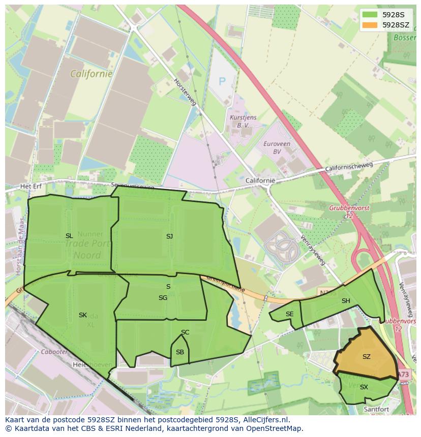 Afbeelding van het postcodegebied 5928 SZ op de kaart.
