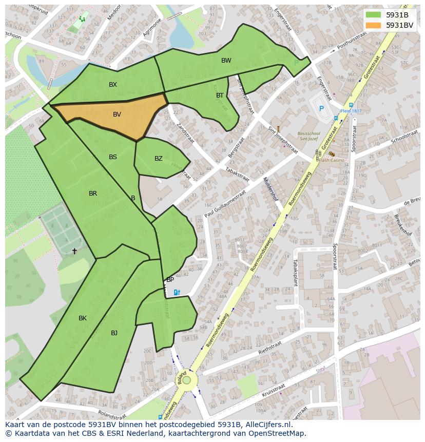 Afbeelding van het postcodegebied 5931 BV op de kaart.