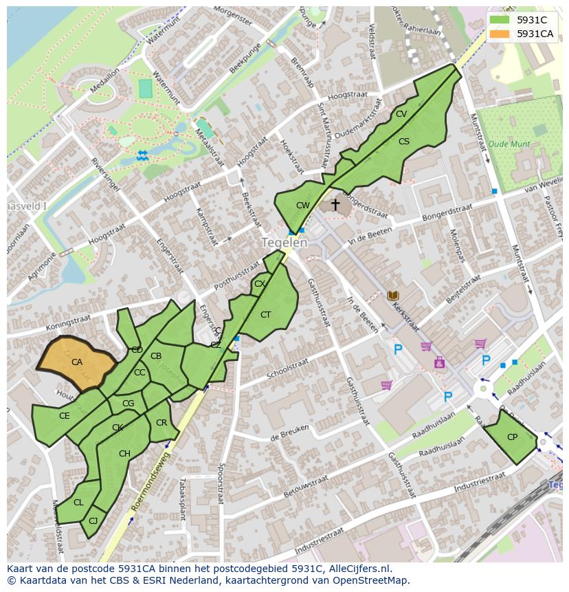 Afbeelding van het postcodegebied 5931 CA op de kaart.