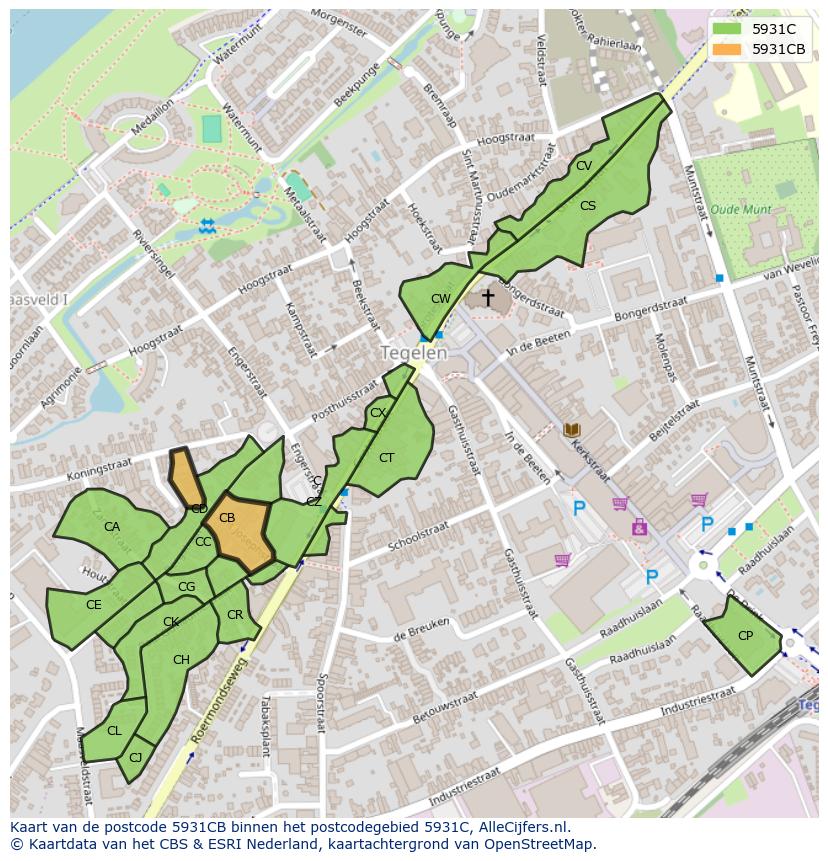 Afbeelding van het postcodegebied 5931 CB op de kaart.