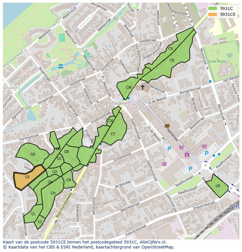 Afbeelding van het postcodegebied 5931 CE op de kaart.
