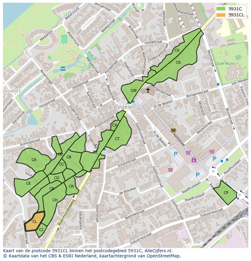 Afbeelding van het postcodegebied 5931 CL op de kaart.