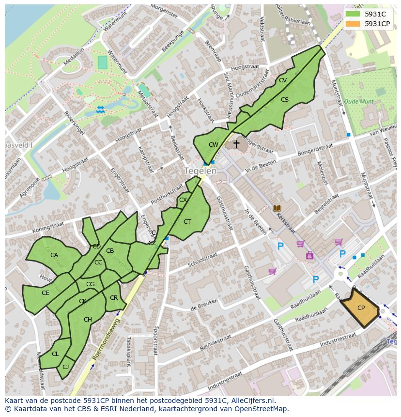 Afbeelding van het postcodegebied 5931 CP op de kaart.