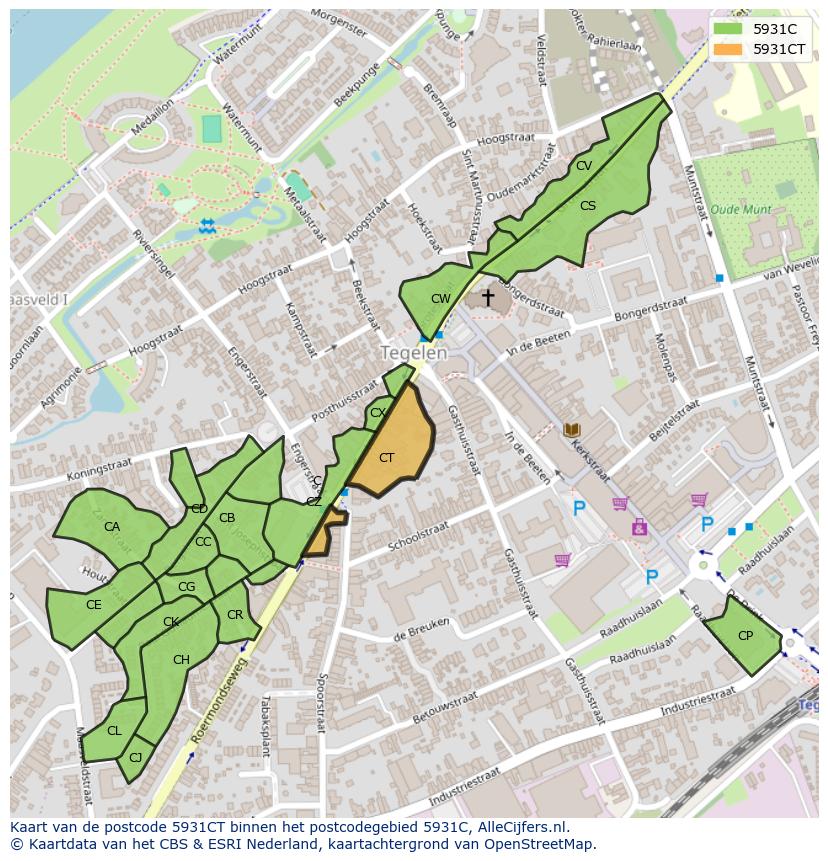 Afbeelding van het postcodegebied 5931 CT op de kaart.