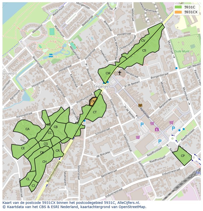 Afbeelding van het postcodegebied 5931 CX op de kaart.