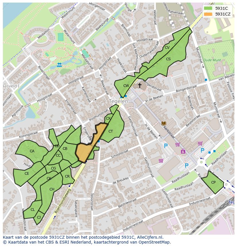 Afbeelding van het postcodegebied 5931 CZ op de kaart.