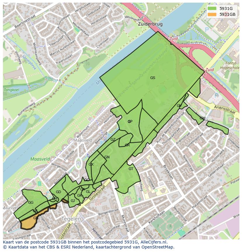 Afbeelding van het postcodegebied 5931 GB op de kaart.