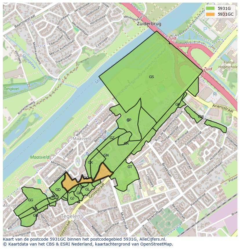 Afbeelding van het postcodegebied 5931 GC op de kaart.