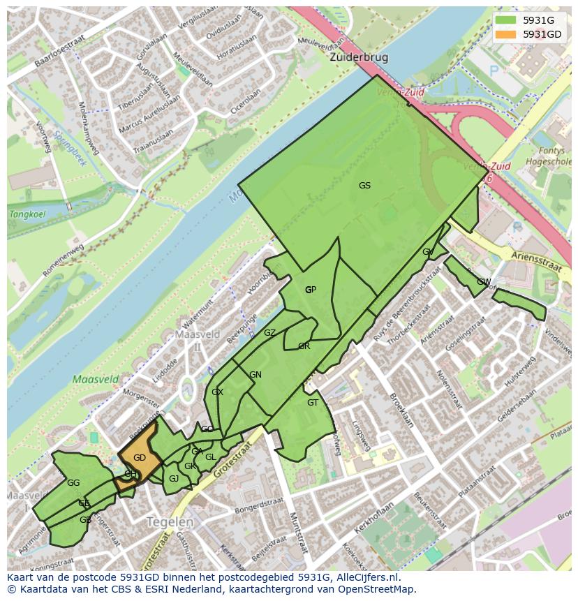 Afbeelding van het postcodegebied 5931 GD op de kaart.