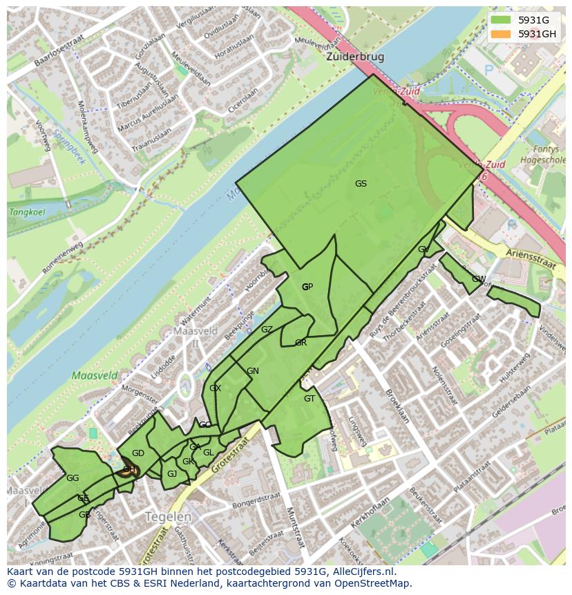 Afbeelding van het postcodegebied 5931 GH op de kaart.