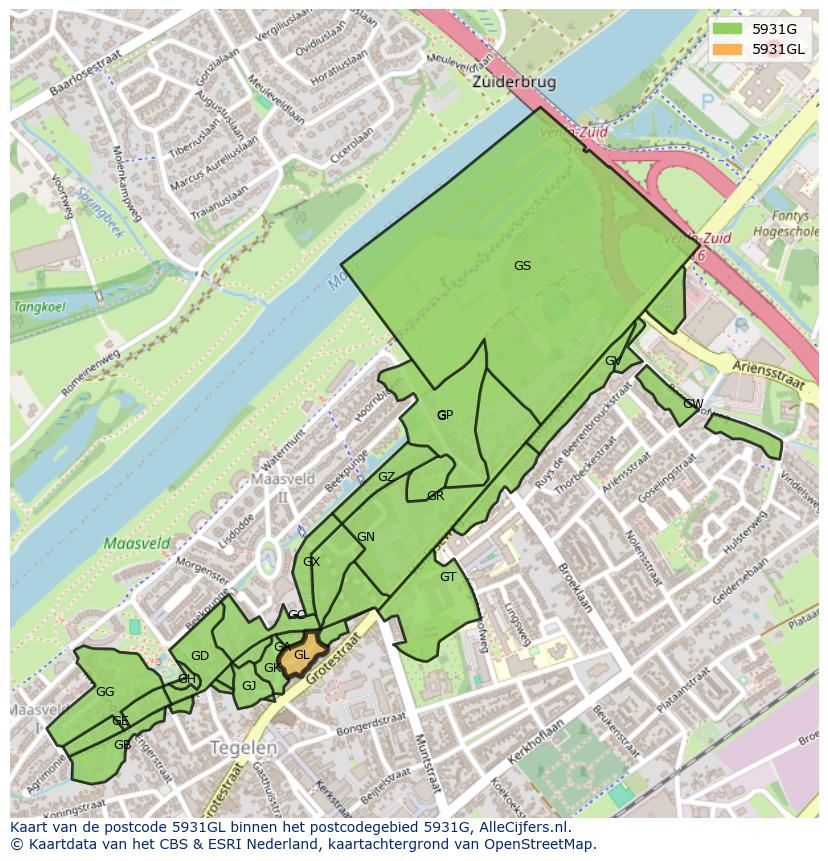 Afbeelding van het postcodegebied 5931 GL op de kaart.