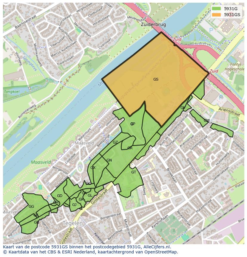 Afbeelding van het postcodegebied 5931 GS op de kaart.