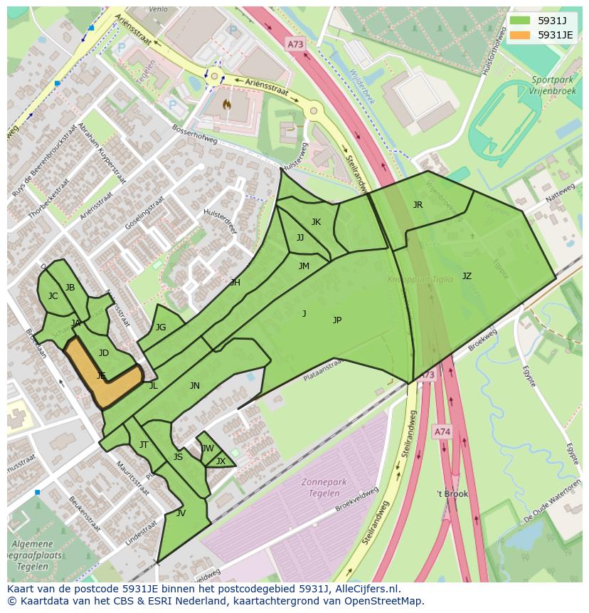 Afbeelding van het postcodegebied 5931 JE op de kaart.