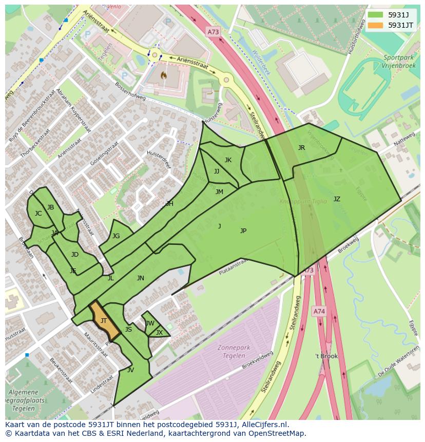 Afbeelding van het postcodegebied 5931 JT op de kaart.