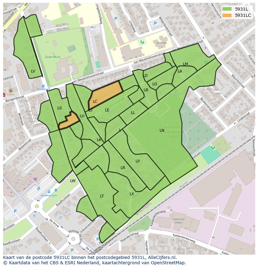 Afbeelding van het postcodegebied 5931 LC op de kaart.