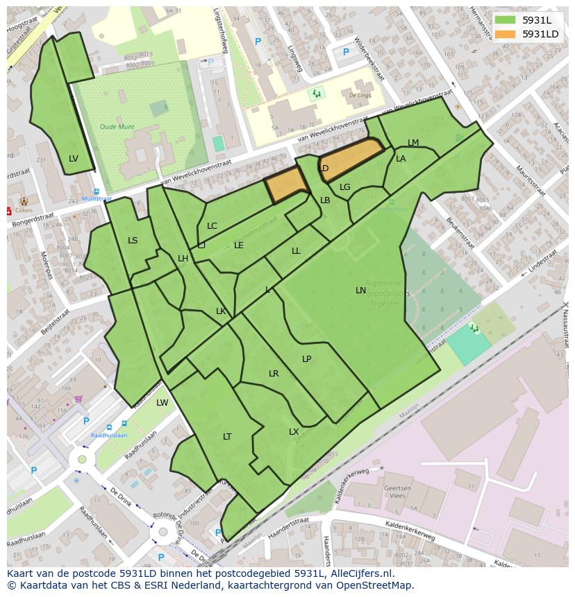 Afbeelding van het postcodegebied 5931 LD op de kaart.
