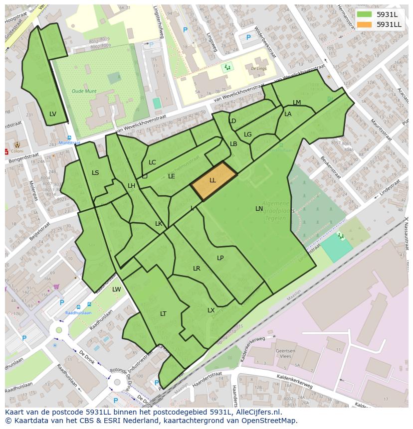 Afbeelding van het postcodegebied 5931 LL op de kaart.