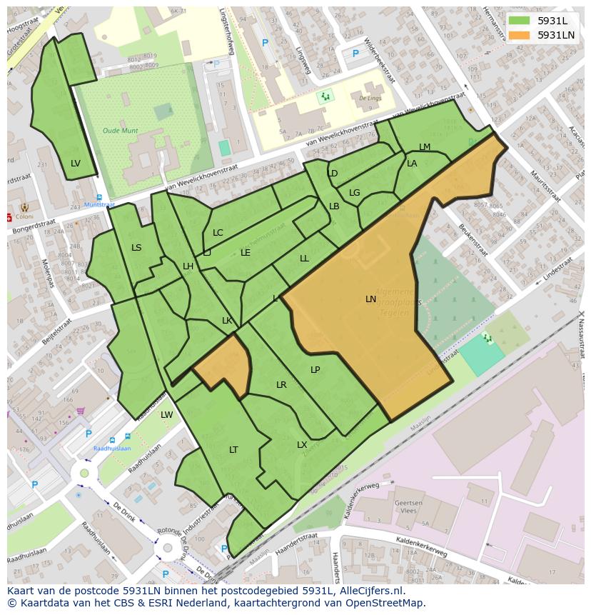 Afbeelding van het postcodegebied 5931 LN op de kaart.
