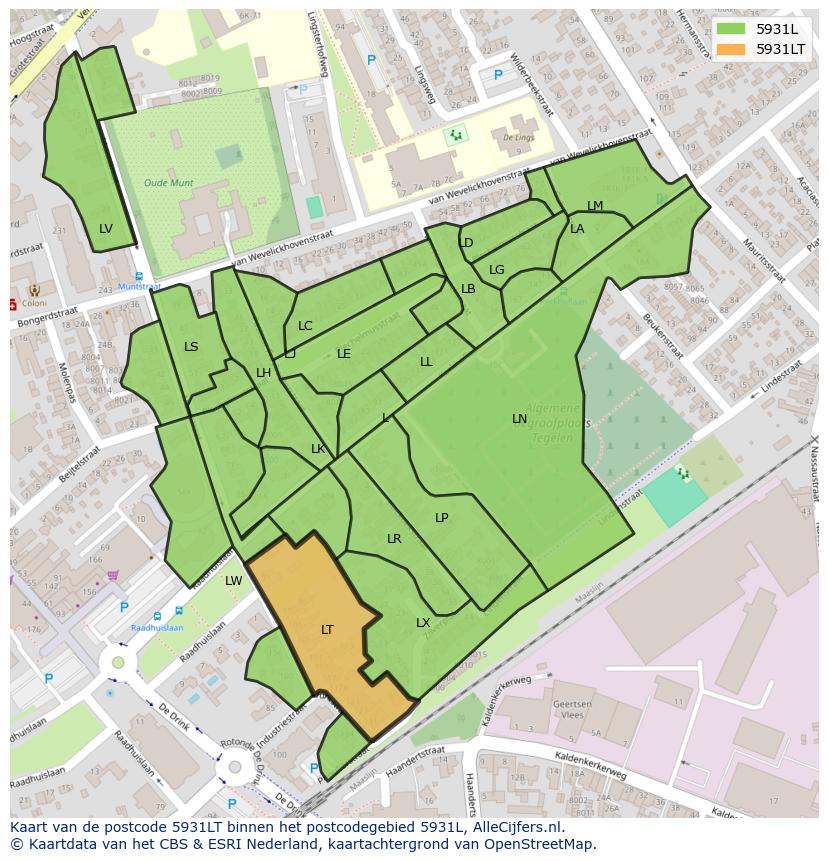 Afbeelding van het postcodegebied 5931 LT op de kaart.