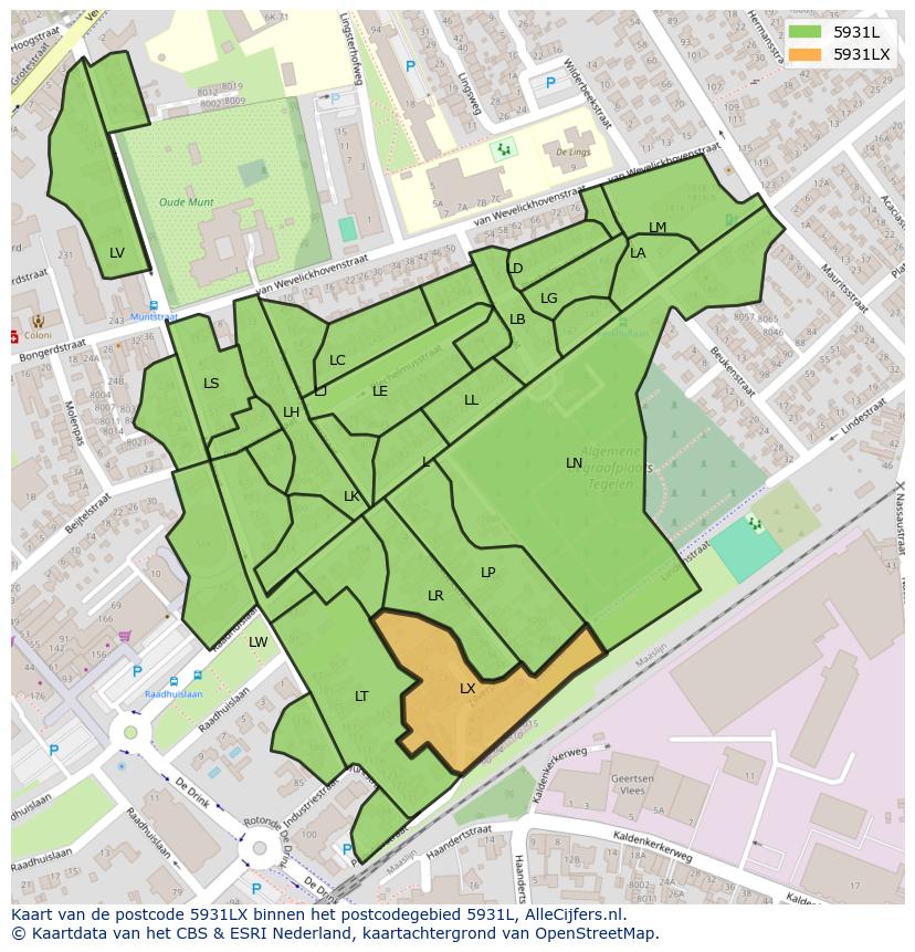 Afbeelding van het postcodegebied 5931 LX op de kaart.
