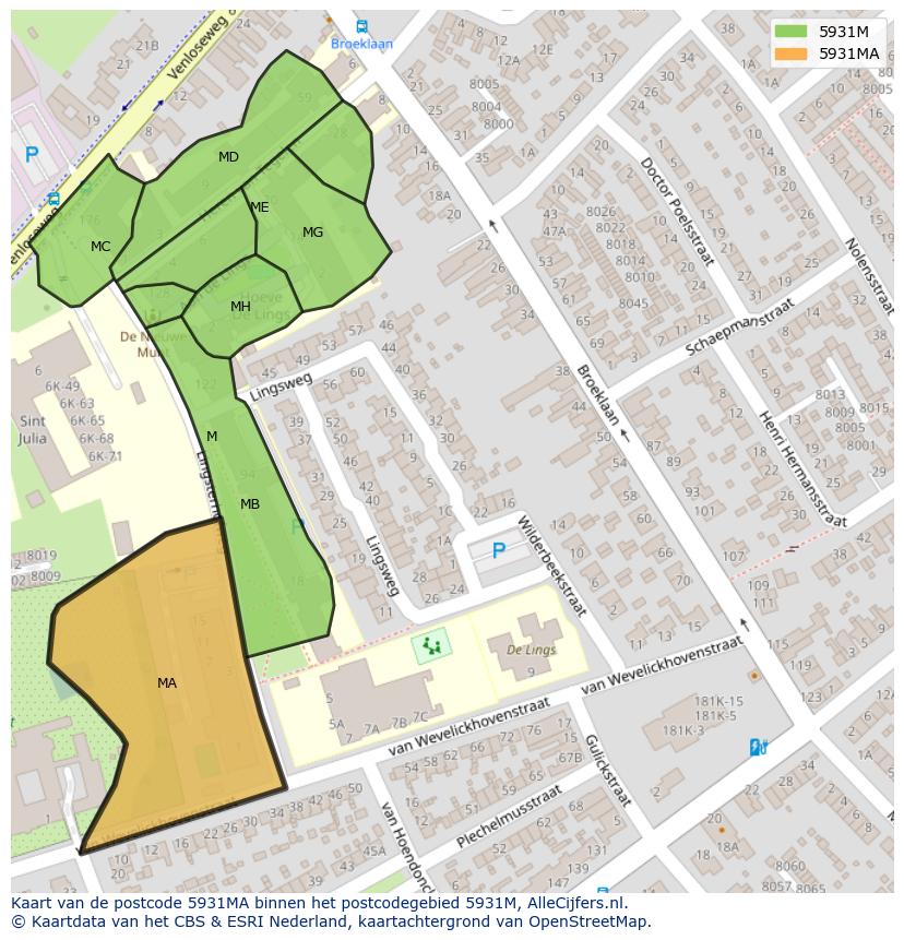 Afbeelding van het postcodegebied 5931 MA op de kaart.