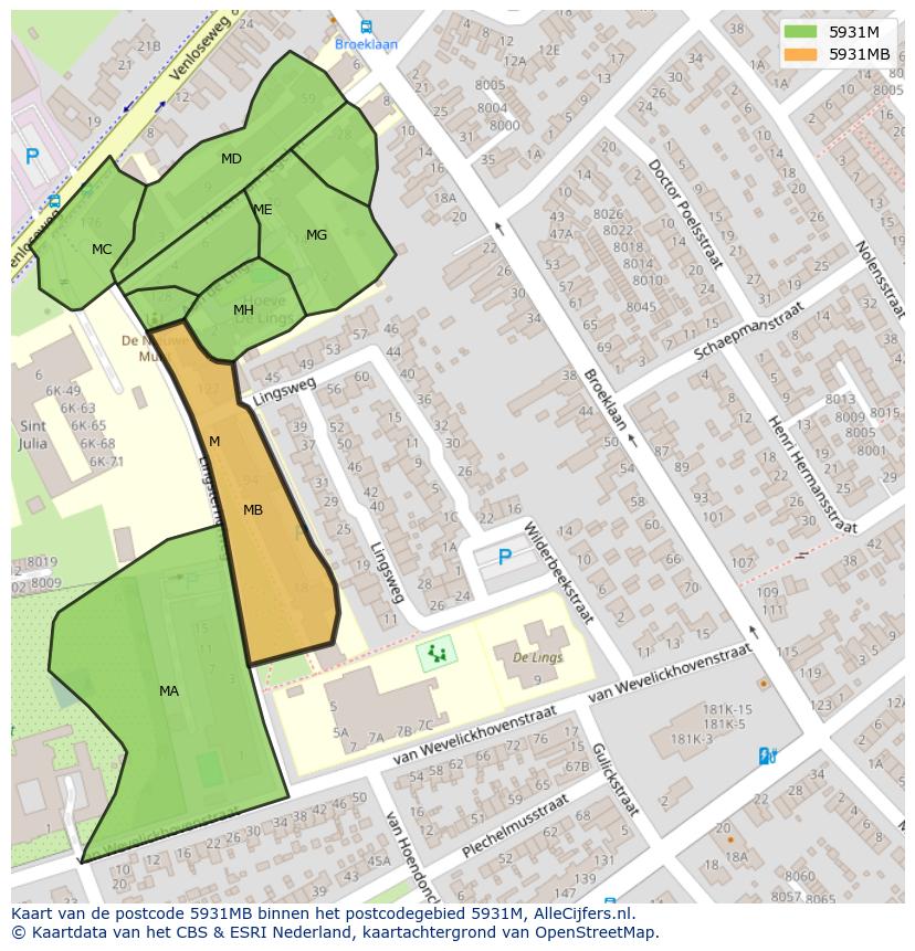 Afbeelding van het postcodegebied 5931 MB op de kaart.