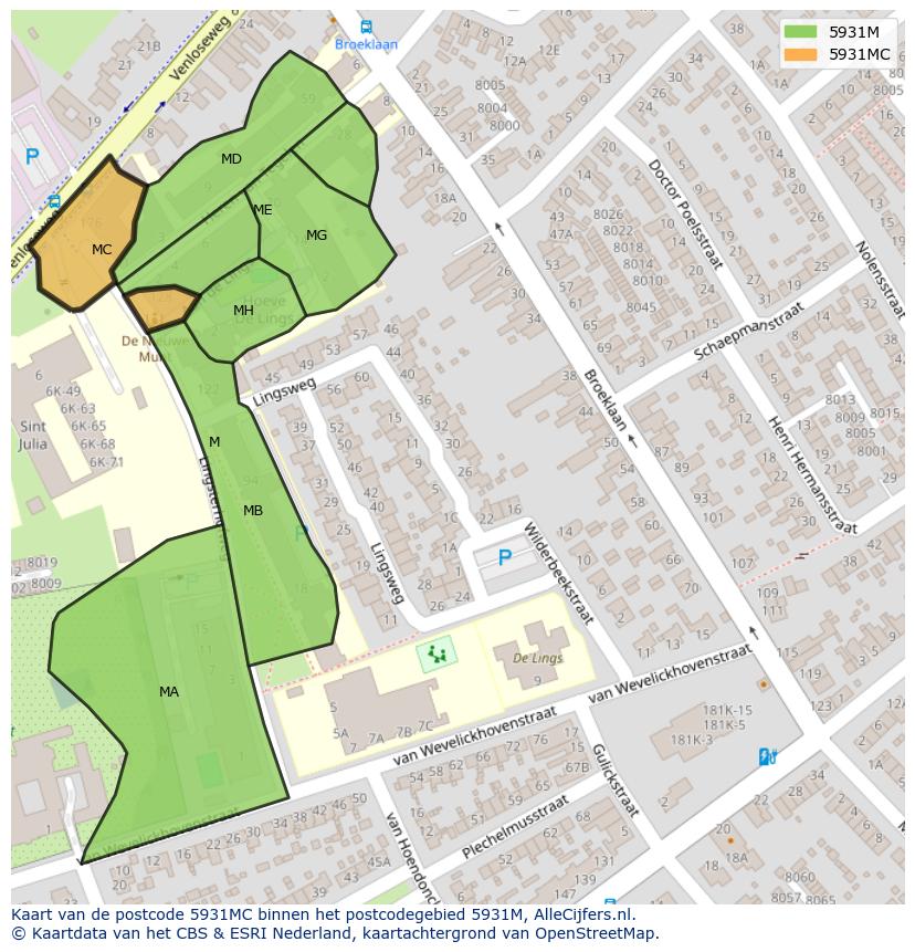 Afbeelding van het postcodegebied 5931 MC op de kaart.