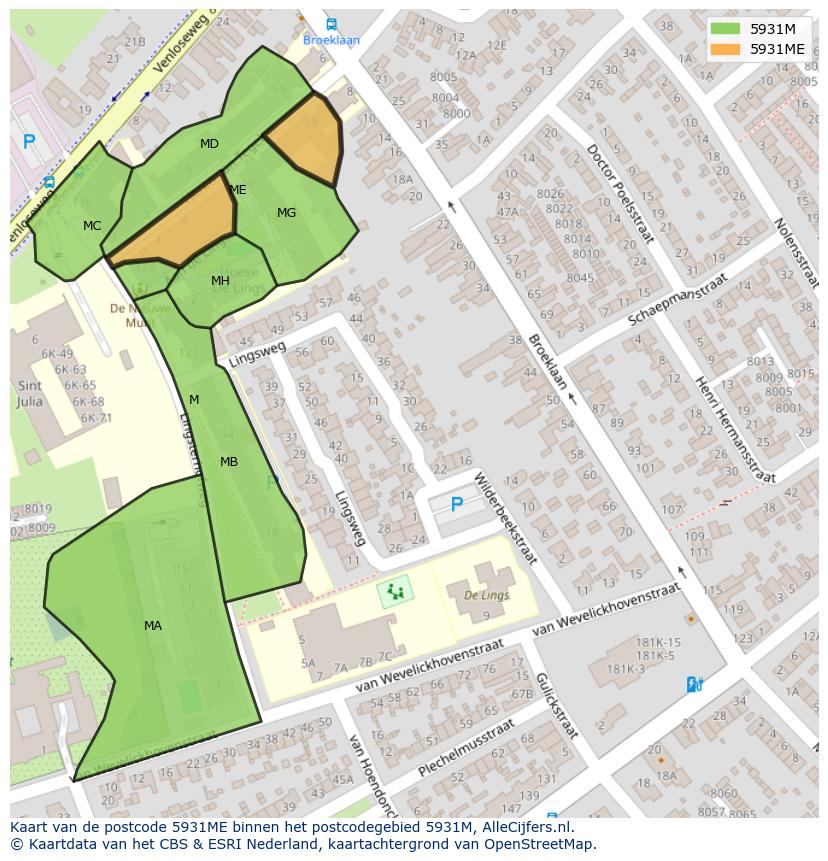 Afbeelding van het postcodegebied 5931 ME op de kaart.