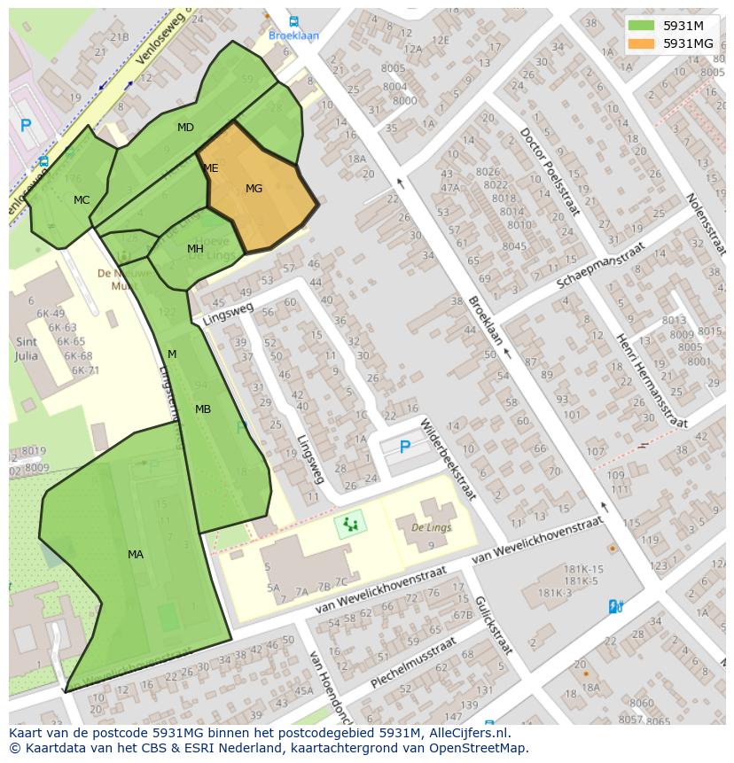 Afbeelding van het postcodegebied 5931 MG op de kaart.