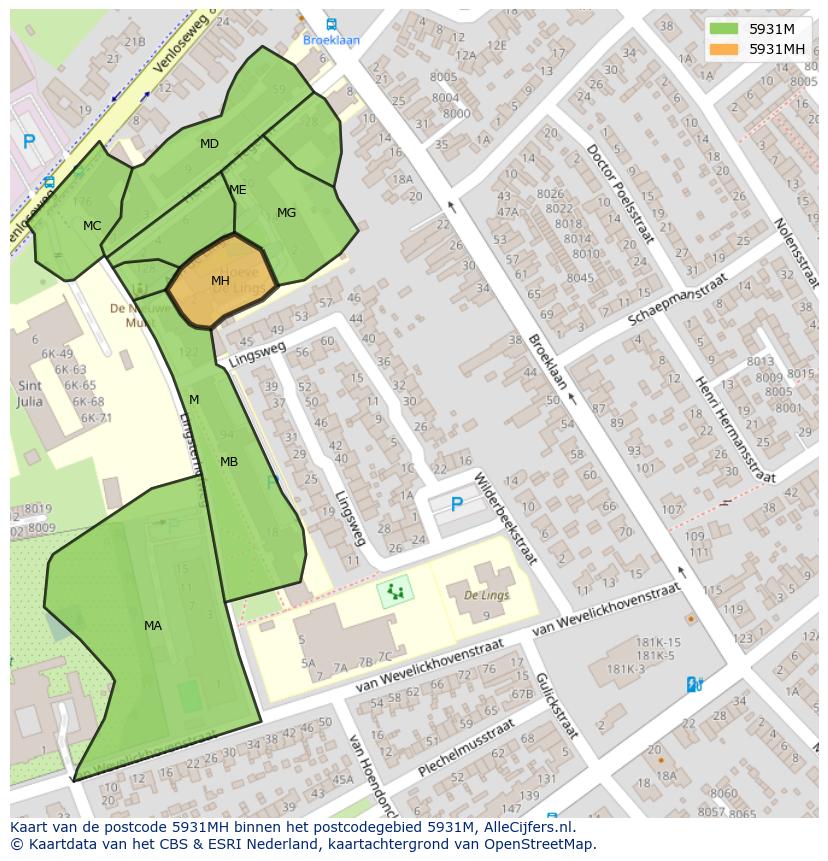 Afbeelding van het postcodegebied 5931 MH op de kaart.