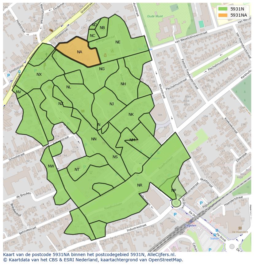 Afbeelding van het postcodegebied 5931 NA op de kaart.