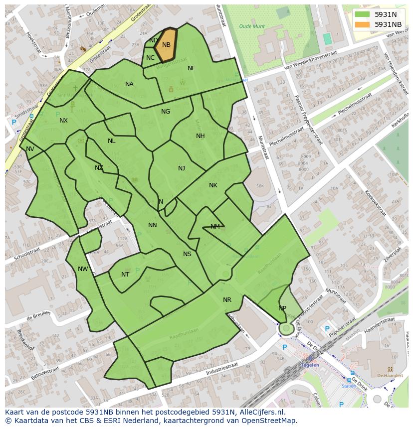 Afbeelding van het postcodegebied 5931 NB op de kaart.