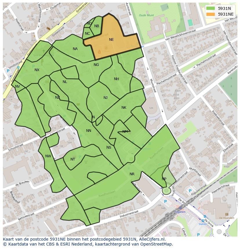 Afbeelding van het postcodegebied 5931 NE op de kaart.