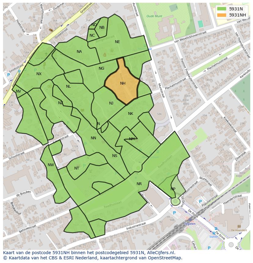 Afbeelding van het postcodegebied 5931 NH op de kaart.