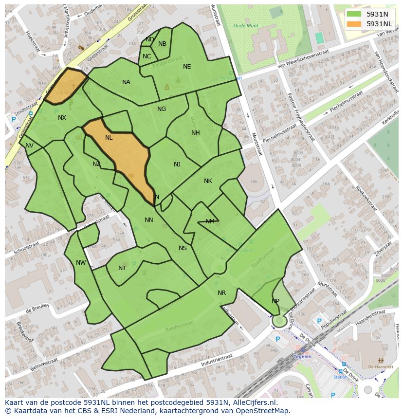 Afbeelding van het postcodegebied 5931 NL op de kaart.
