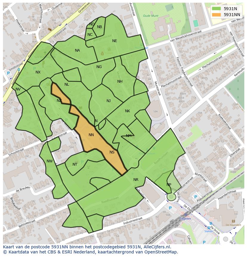 Afbeelding van het postcodegebied 5931 NN op de kaart.