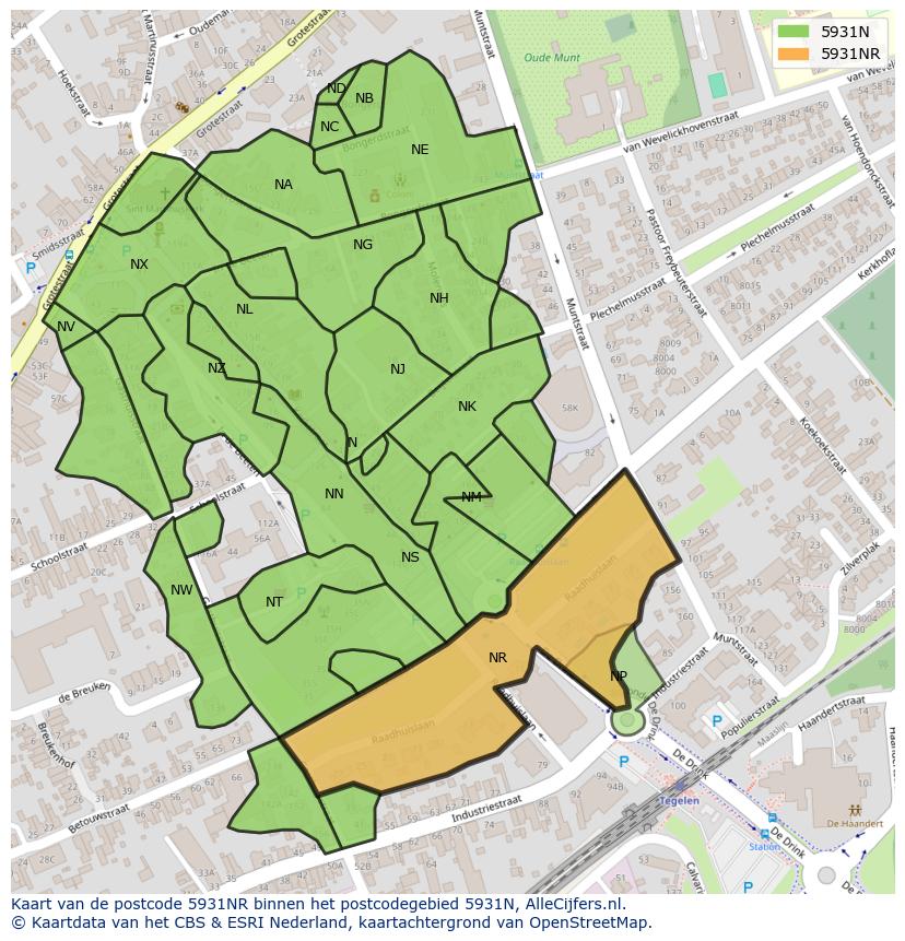Afbeelding van het postcodegebied 5931 NR op de kaart.