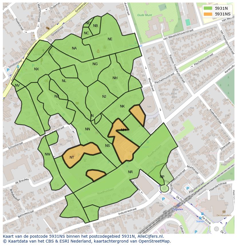 Afbeelding van het postcodegebied 5931 NS op de kaart.
