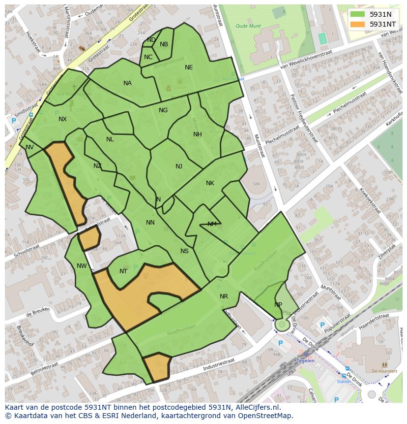 Afbeelding van het postcodegebied 5931 NT op de kaart.