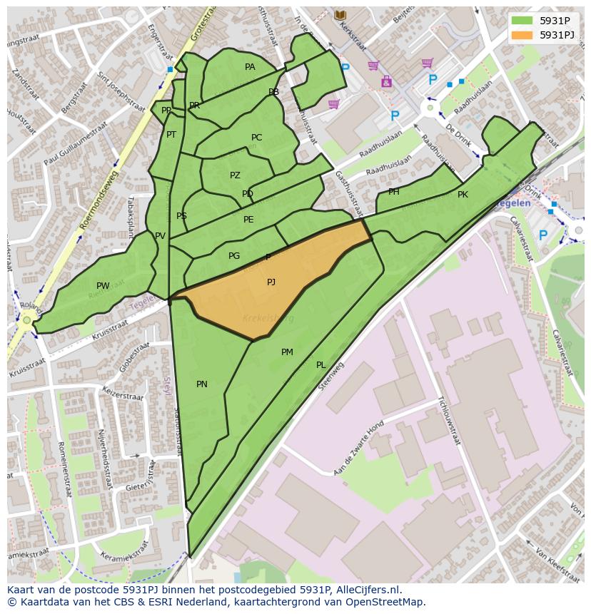 Afbeelding van het postcodegebied 5931 PJ op de kaart.
