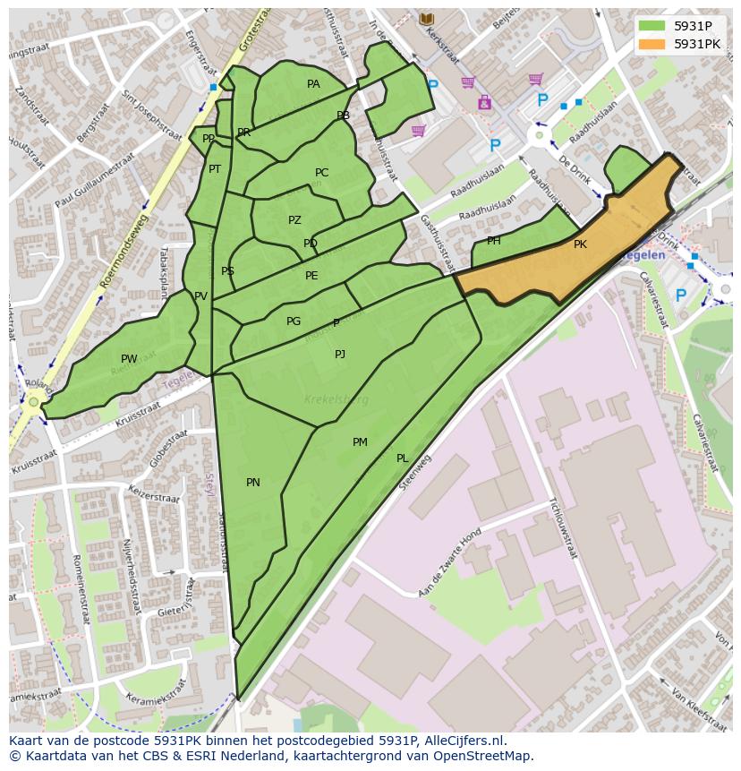 Afbeelding van het postcodegebied 5931 PK op de kaart.