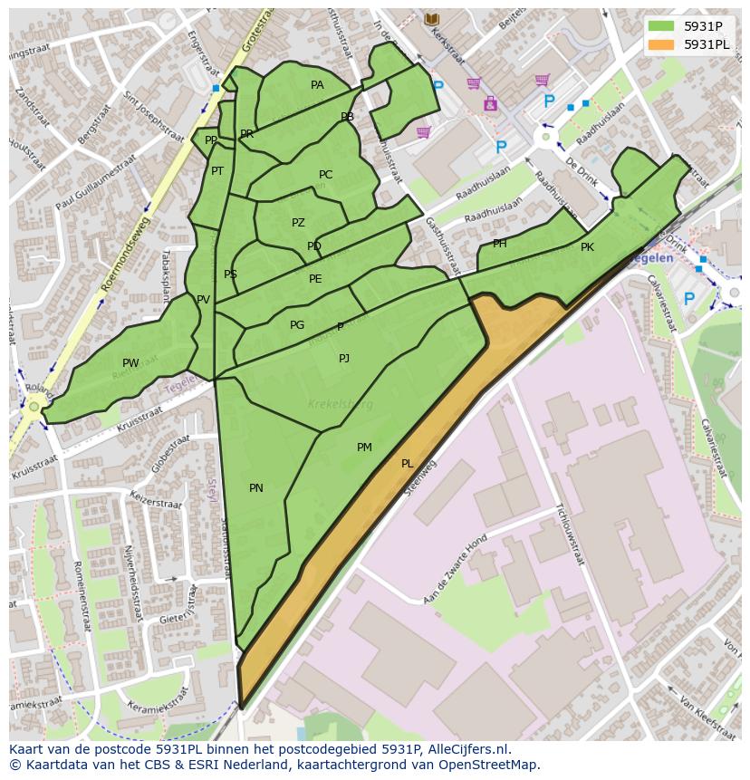 Afbeelding van het postcodegebied 5931 PL op de kaart.