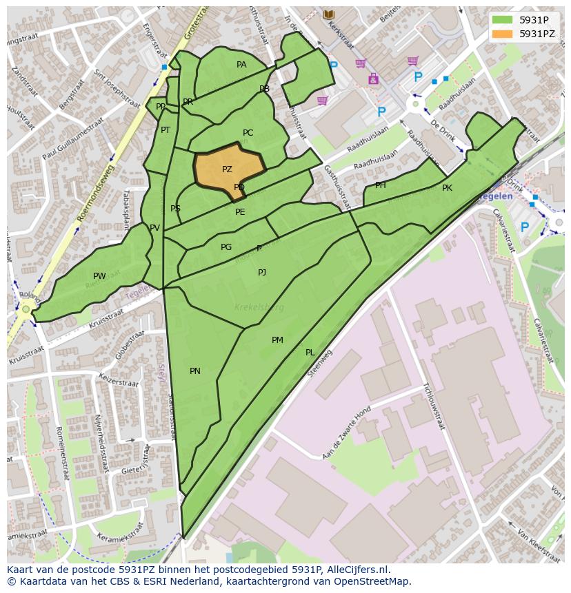 Afbeelding van het postcodegebied 5931 PZ op de kaart.