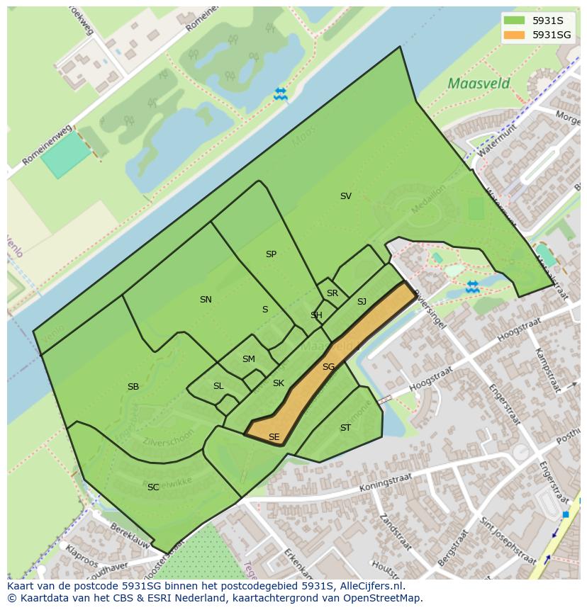 Afbeelding van het postcodegebied 5931 SG op de kaart.