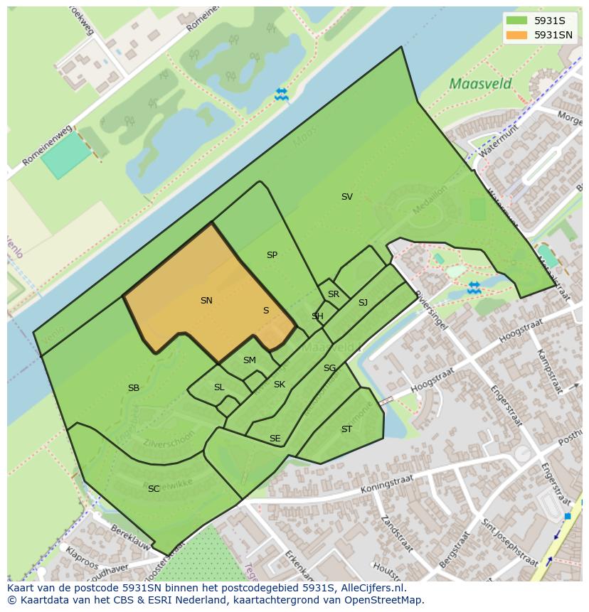 Afbeelding van het postcodegebied 5931 SN op de kaart.