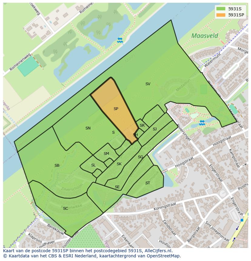 Afbeelding van het postcodegebied 5931 SP op de kaart.