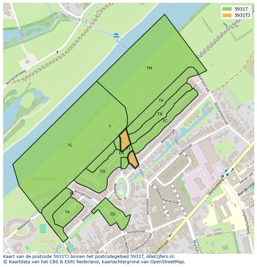 Afbeelding van het postcodegebied 5931 TJ op de kaart.