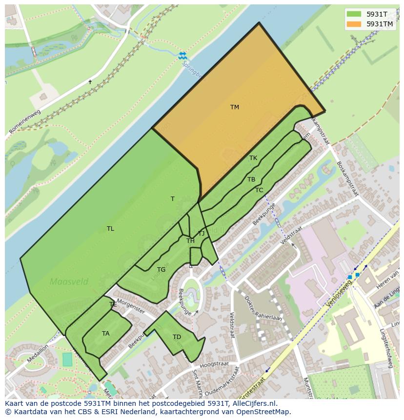 Afbeelding van het postcodegebied 5931 TM op de kaart.
