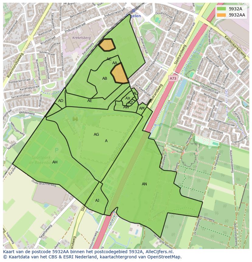 Afbeelding van het postcodegebied 5932 AA op de kaart.