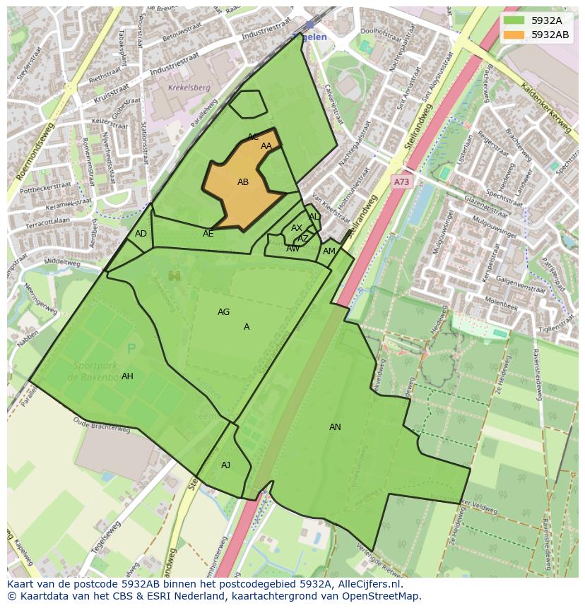Afbeelding van het postcodegebied 5932 AB op de kaart.
